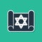 Blue Torah scroll icon isolated on green background. Jewish Torah in expanded form. Star of David symbol. Old parchment