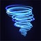 Blue tornado, swirling storm cone of stardust sparkles on dark background. Blue spiral hurricane with light effect