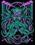 Blue Tosca colour Cybernetic octopus monster with vintage sacred geometry background