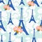 Blue Tour Eiffel on a white rose background