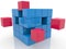 The blue toy blocks are stacked in the shape of a cube with some red toy blocks