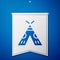 Blue Traditional indian teepee or wigwam icon isolated on blue background. Indian tent. White pennant template. Vector