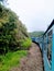 Blue train and green trees
