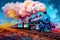 blue train with a rainbow smoke that is coming out of its engine, saturated pigment