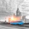 Blue Tram in the City Center of Moscow At Sunrise, Old Blue Tram in Moscow, Russia