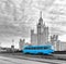 Blue Tram in the City Center of Moscow At Sunrise,Tram in Moscow, Russia