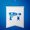 Blue Transfer liquid gun in biological laborator icon isolated on blue background. White pennant template. Vector