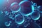 Blue transparent water bubbles molecules and atoms in a facial skin care cosmetic product.generative ai