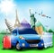 Blue Travel Car together with Plane and World\'s Famous Landmarks