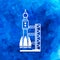 blue triangular launch site with rocket, spaceport icon