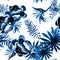 Blue Tropical Art. White Seamless Nature. Cobalt Pattern Vintage. Indigo Drawing Art. Navy Floral Art.