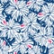 Blue tropical hibiscus and palm seamless pattern