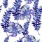 Blue tropical leaves in a watercolor style pattern.