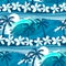 Blue tropical surfing with palm trees seamless pattern