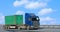 Blue truck moves green container