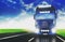 Blue truck speed transport goods highway street motorway. 3d rendering