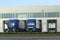 Blue trucks get loaded at the warehouse of retailer Aldi in Bleiswijk Netherlands