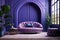 Blue tufted curved sofa, pouf and lounge chair against violet paneling wall and arched window. Art deco style home interior