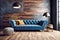 Blue tufted sofa against dark concrete wall with wooden paneling. Loft style interior design of modern living room. Created with