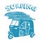 Blue tuk-tuk with surfboards, grunge vintage logo