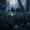 Blue tulips in a foggy forest, 3D illustration.