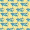 Blue tuna fish on a yellow background. Seamless pattern. Watercolor illustration. For menu design, print on textiles, packaging