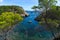 Blue turquoise clear water in Calo d'en Monjo bay at Mallorca surrounded by plants and trees