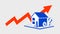Blue up arrow and housing price rising up.