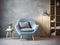 Blue upholstered snuggle chair and stack of books near it. Interior design of modern Scandinavian living room with stucco wall