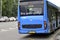 Blue urban public electric bus Kamaz, rear view. Modern eco-friendly transport