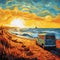 Blue Van By The Beach At Sunset - Retro Visuals Painting