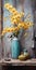 Blue Vase With Yellow Orchids: Weathered Materials, High Detail, Rustic Charm