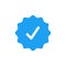Blue verified social media account icon. Approved profile sign.