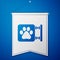 Blue Veterinary clinic symbol icon isolated on blue background. Cross hospital sign. A stylized paw print dog or cat
