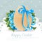 Blue vintage Easter banner with egg tied a blue ribbon