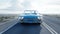 Blue vintage, retro car on road, highway. Daylight. Very fast driving. Realistic 4k animation.