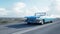 Blue vintage, retro car on road, highway. Daylight. Very fast driving. Realistic 4k animation.