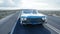 Blue vintage, retro car on road, highway. Daylight. Very fast driving. Realistic 4k animation.
