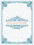 Blue vintage retro frame. Decorative floral pattern. Vector cover book. Heraldic symbols. Monogram initials
