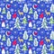 Blue vintage wrapping paper for winter holiday with snowy firs and trees, angel, crescent, reindeer, gift, snowman and Christmas s