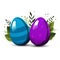 Blue violet Easter striped eggs with polka dots with green leaves on background. Vector for design