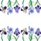 Blue,violet irises and pink lupines.Watercolor flowers,leaves on a white background.Floral frame.