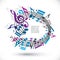 Blue and violet music background with clef and notes.