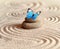 A blue vivid butterfly on a zen stone with circle patterns in the grain sand