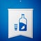 Blue Vodka with pepper and glass icon isolated on blue background. Ukrainian national alcohol. White pennant template. Vector