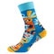 Blue volumetric sock, with an American Indian applique, side view, on a white background