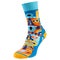 Blue voluminous sock, as if walking, with an applique of Indians in masks, on a white background