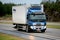 Blue Volvo FE Reefer Truck on Motorway