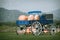 Blue wagon full of pumpkins