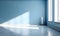 Blue wall empty room with light glare. Nobody, smooth floor. Generative AI.